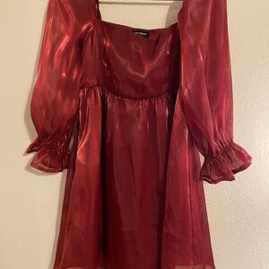 Red Silky Puff Sleeve Dress